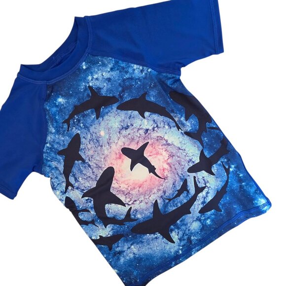 🔴 Lands' End Shirt Boys XXS 2-3 Blue Shark Galaxy Print Short Sleeve Swim Top - Picture 1 of 8